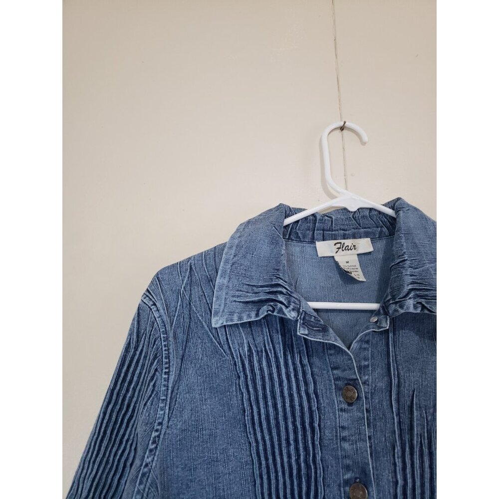 Y2K Vtg Flair Women M Denim Shirt Button Up Pleated Blue Chambray Artsy Stretch - Picture 4 of 5